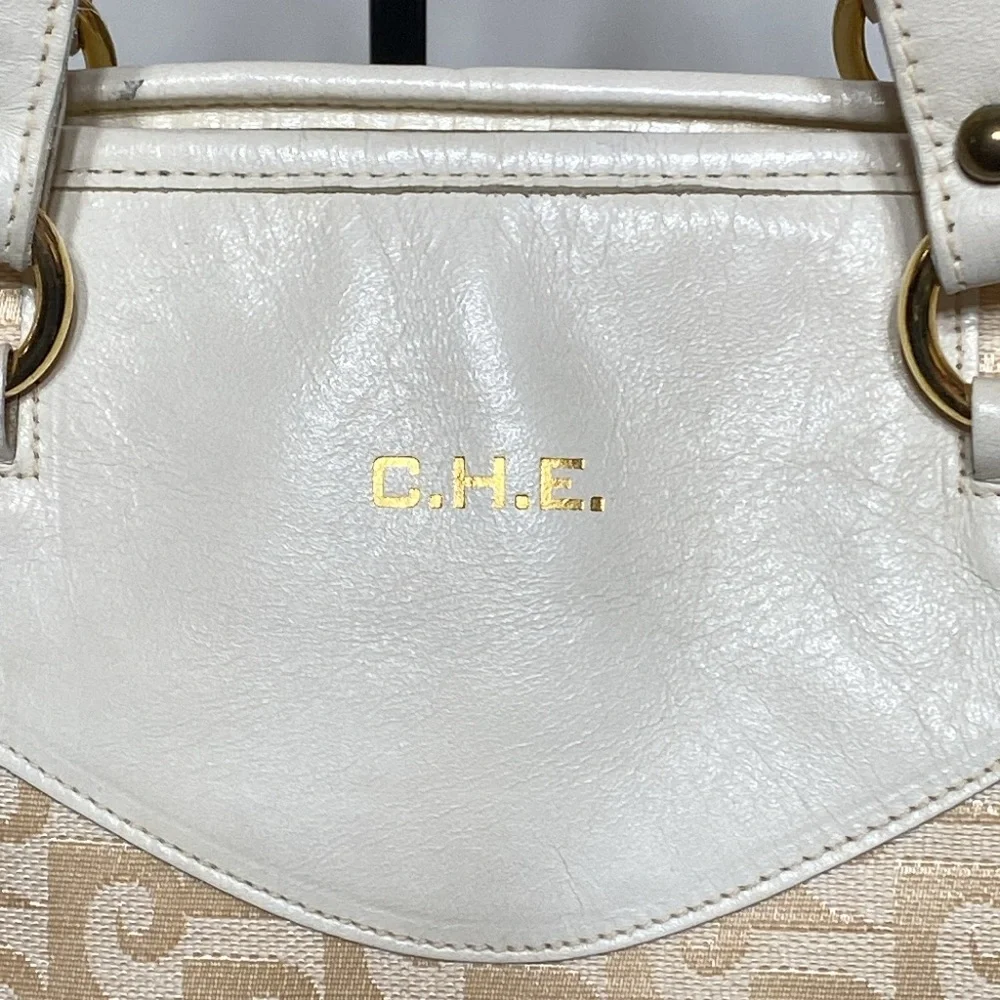 Vintage Pierre Cardin 1970’s Monogram Canvas and Leather Satchel Purse in Ivory